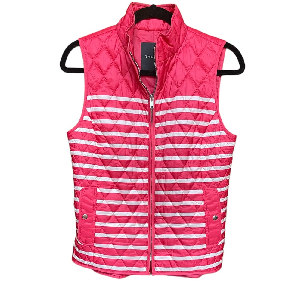 Talbots Coral Pink & White Stripe Diamond Quilted Zip up Vest Warm Feminine XS